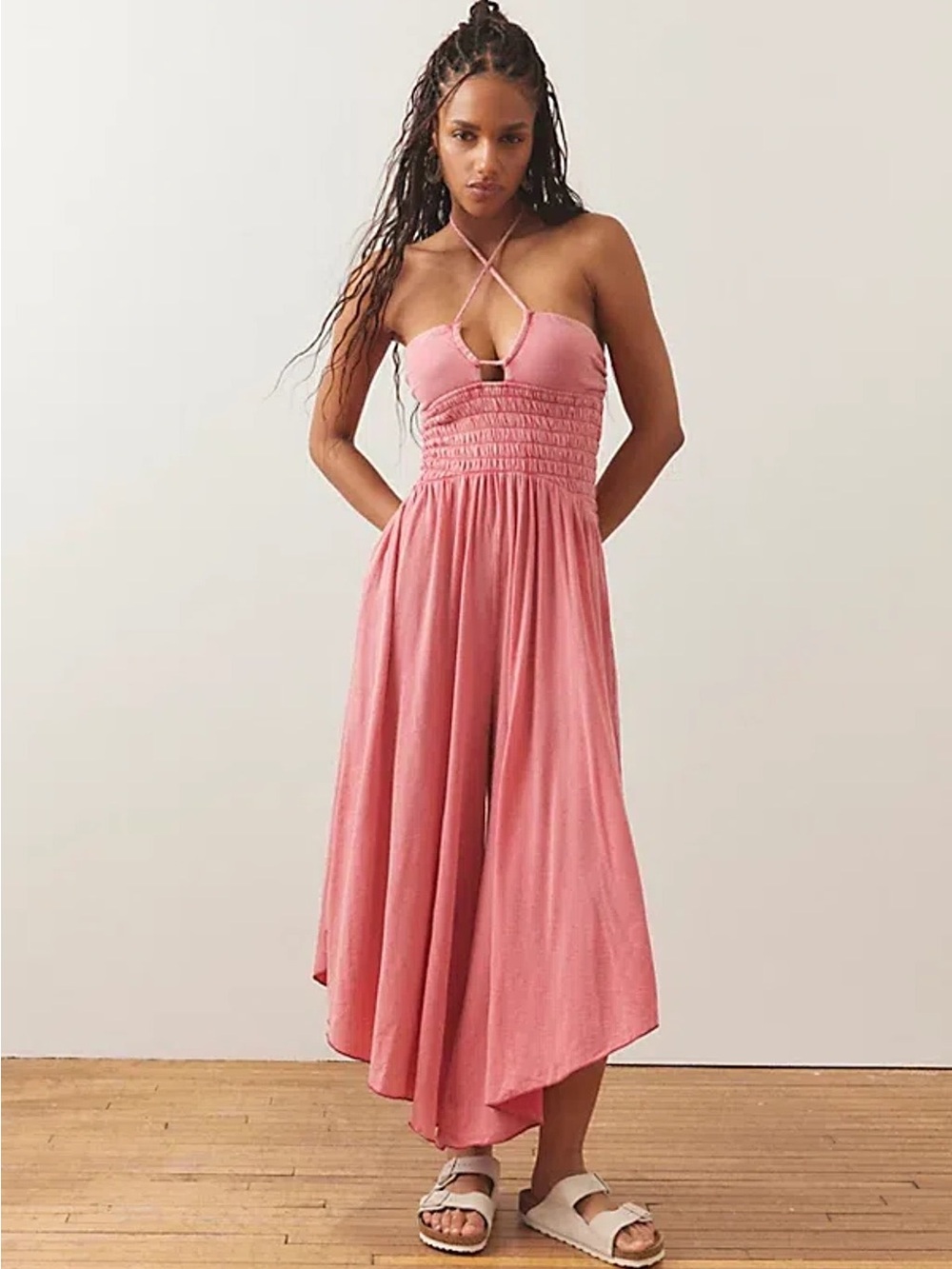 Halter Midi jumpsuit with Smocked Bodice